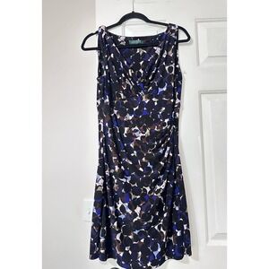 LAUREN RALPH LAUREN Sheath Dress Size 2 Ruched Sleeveless Blue White Stretch Mid